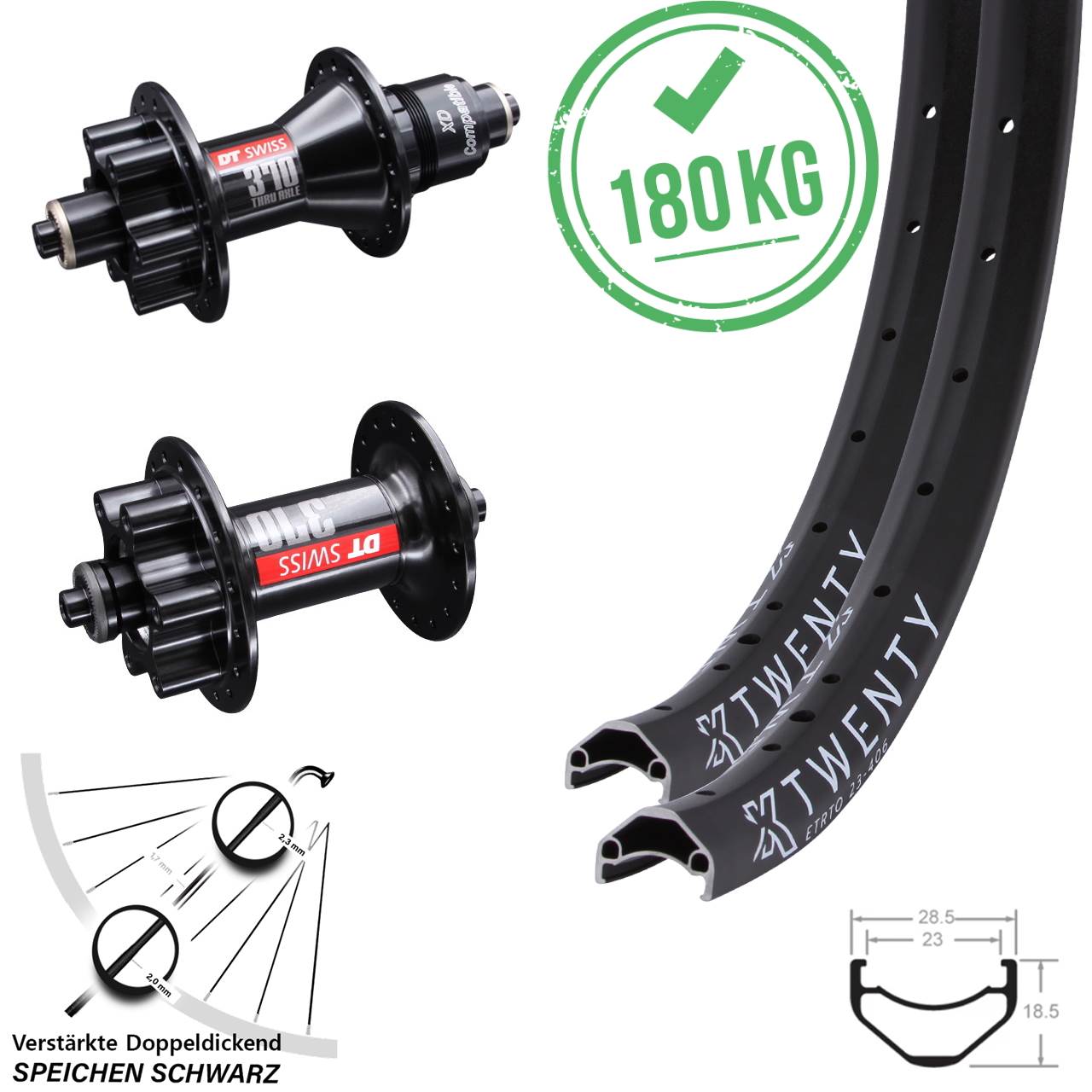 Laufradsatz 20 Zoll KX Twenty leicht verstärkt DT Swiss 370 Disc 6-loch Sram XD