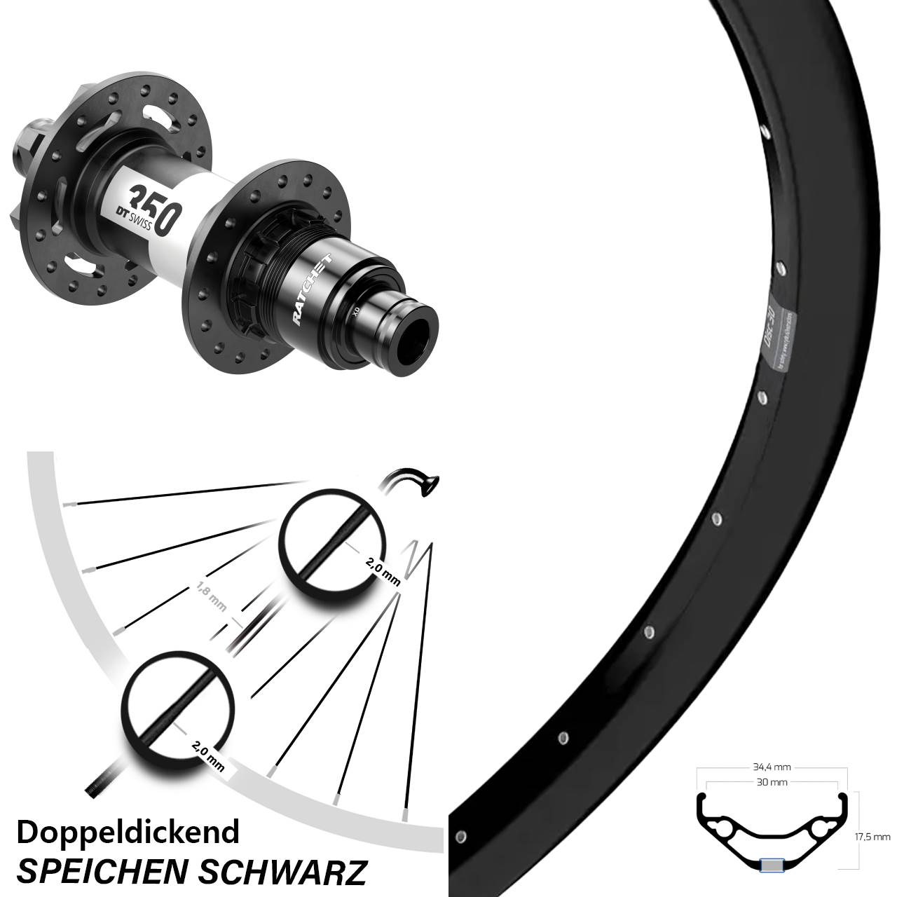 Ryde Disc 30 DT Swiss 350 29 Zoll Hinterrad 6-Loch 12x148 XD 11-12 fach