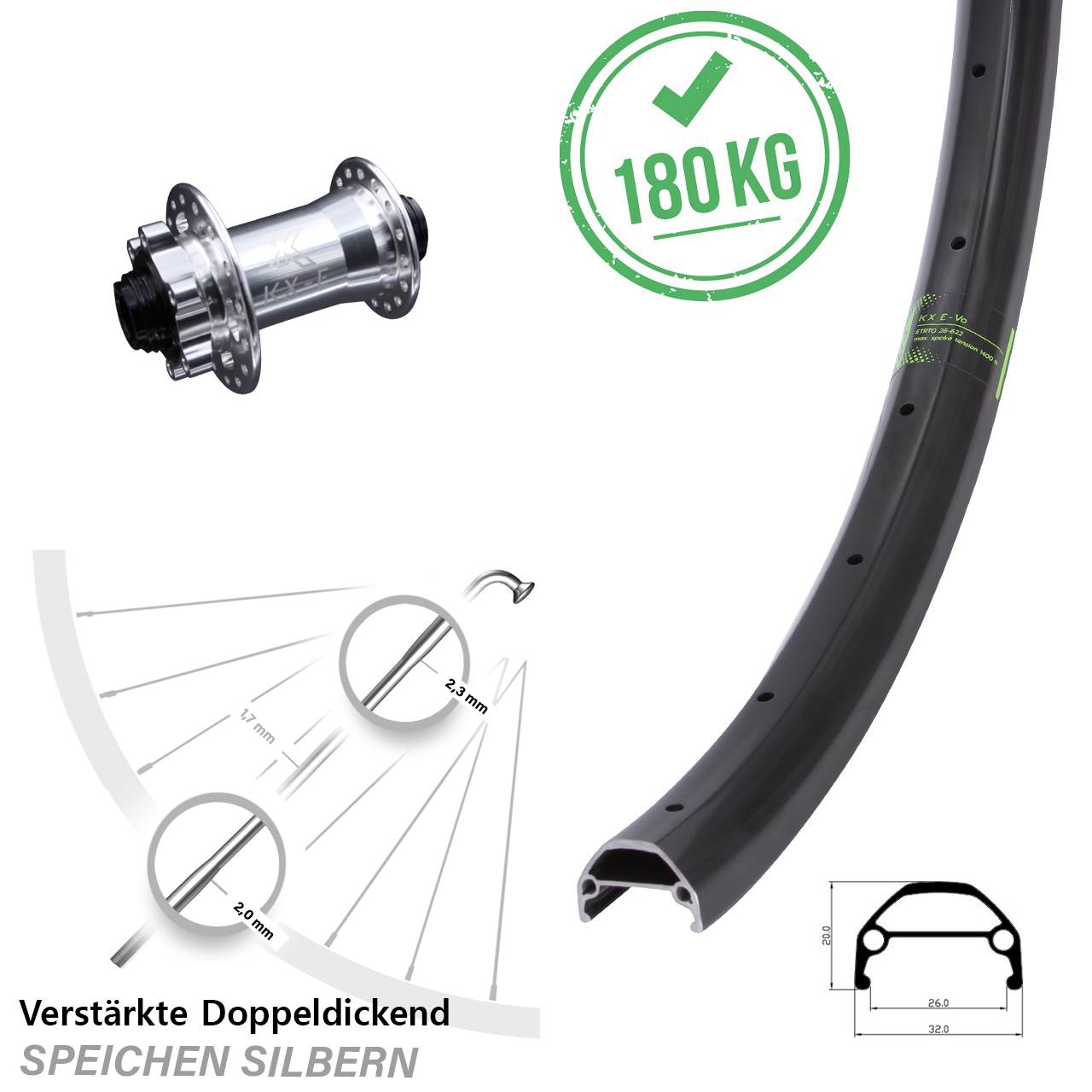 29 Zoll Vorderrad E-Bike verstärkt KX-Evo für Steckachse