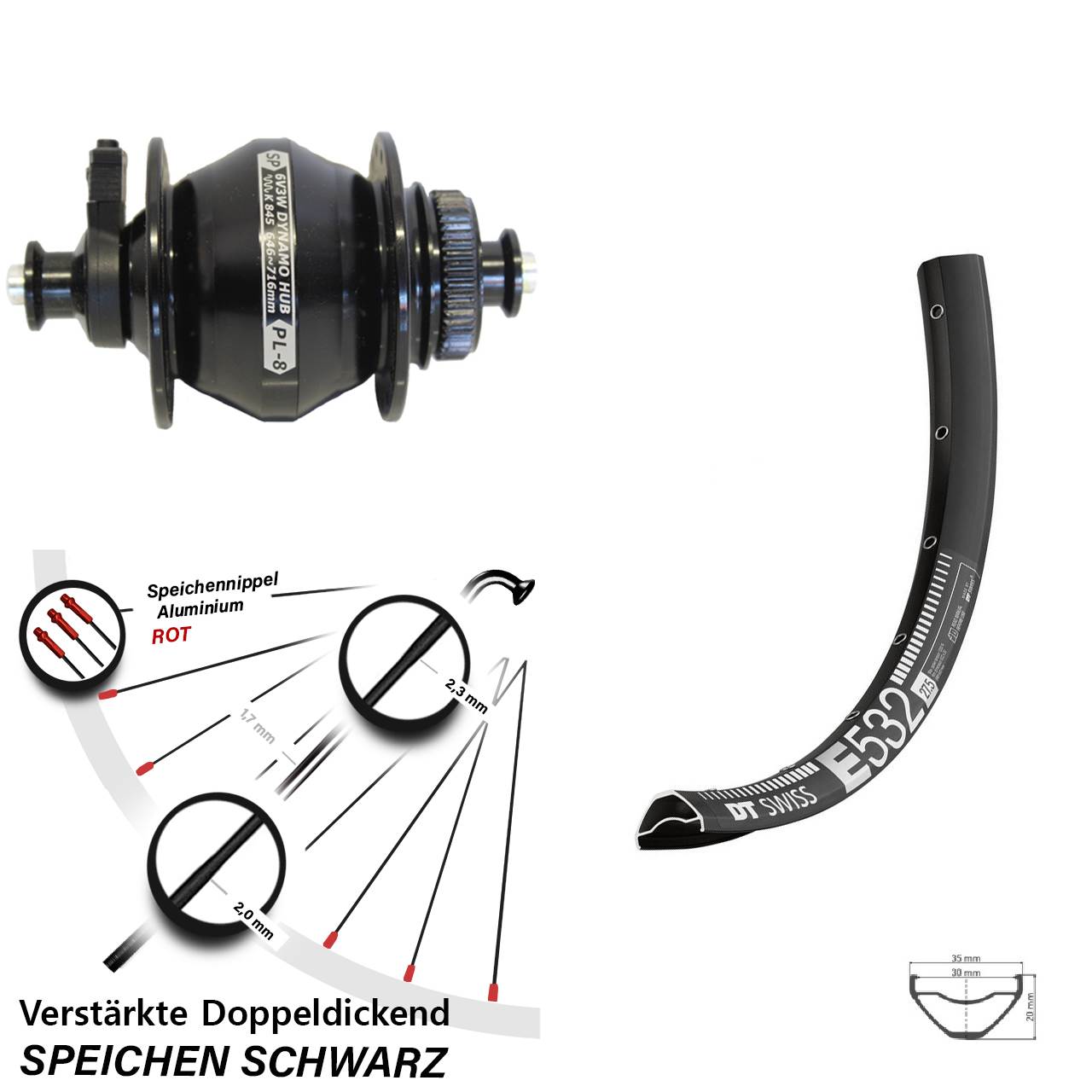 Centerlock Dynamo-Vorderrad QR 27,5 Zoll DT Swiss E 532 Shutter PL-8