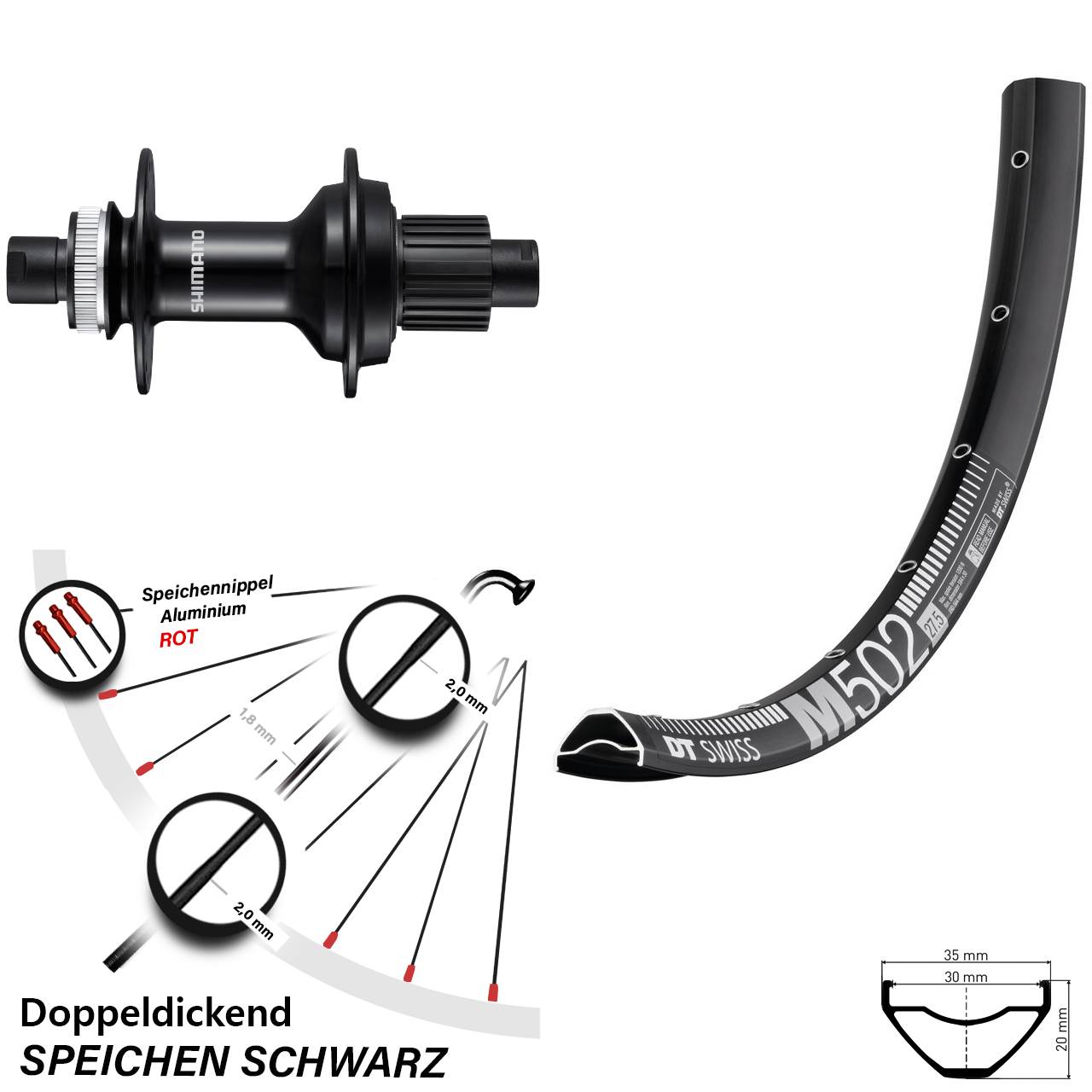 29 Zoll DT Swiss M 502 Shimano FH-MT510B Disc Hinterrad 12x148 Micro Spline
