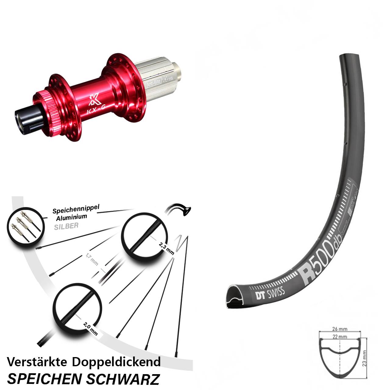 28/29Zoll Hinterrad DT Swiss R500 Road Disc Nabe KX-G rot 12x142 mm 8-12 fach Disc