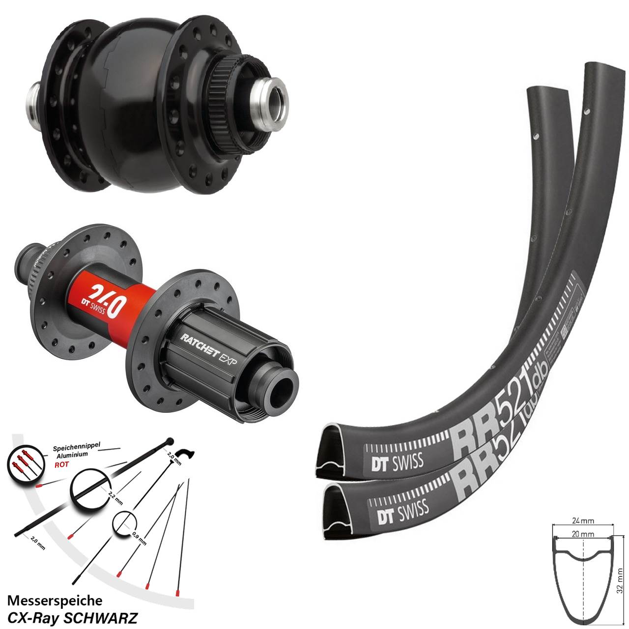 28 Zoll Laufradsatz SON delux RR 521 DT Swiss 240 EXP Road Steckachse CX Ray Dynamo