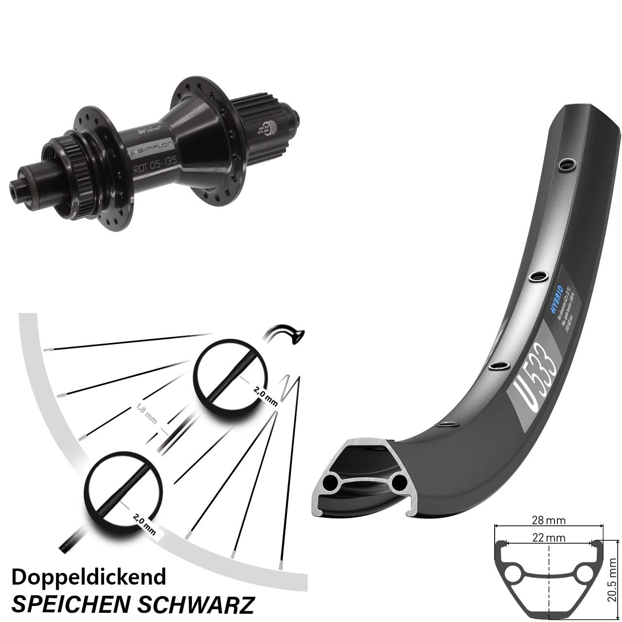 Hinterrad 28-29 Zoll DT Swiss U533 370 Hybrid 5x135 Centerlock Micro Spline