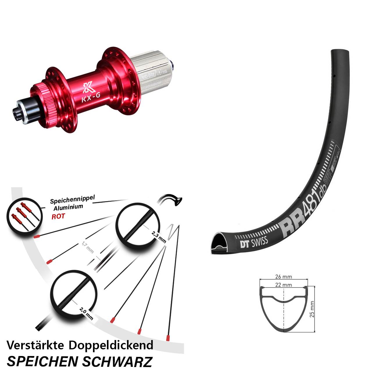 28 Zoll Hinterrad DT Swiss RR 481 DB Nabe KX-G rot-eloxiert 5x135 mm 8-12 fach verstärkt