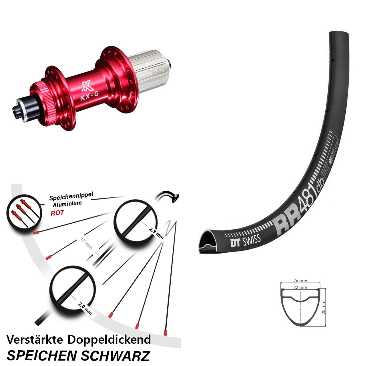 28 Zoll Hinterrad DT Swiss RR 481 DB Nabe KX-G rot-eloxiert 5x135 mm 8-12 fach verstärkt