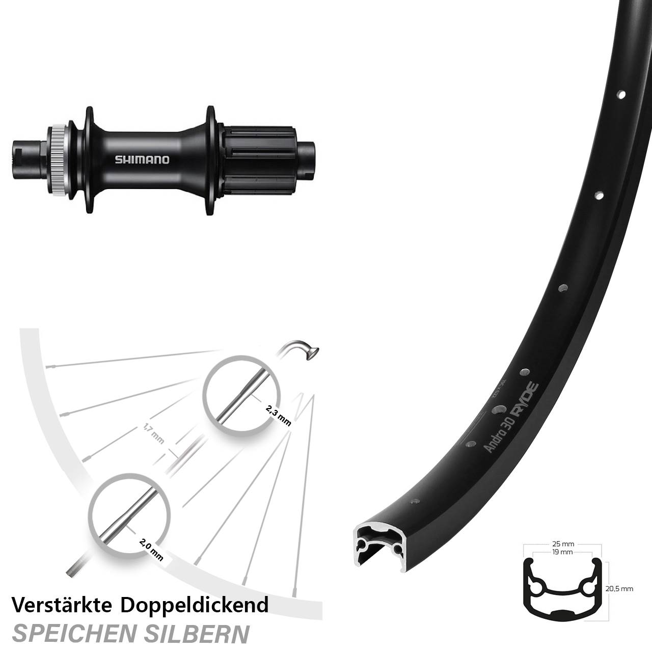 Centerlock Hinterrad 28 Zoll Ryde Andra 30 Disc Shimano FH-MT400 8-11 fach HG 12x142