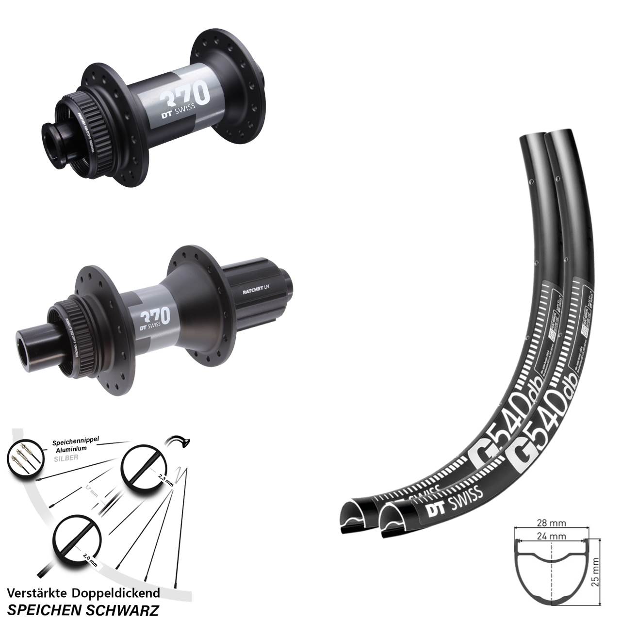 28-29 Zoll G540 DT Swiss 370 Road Disc Laufrad-Satz 12x100/142 11-12 fach HG