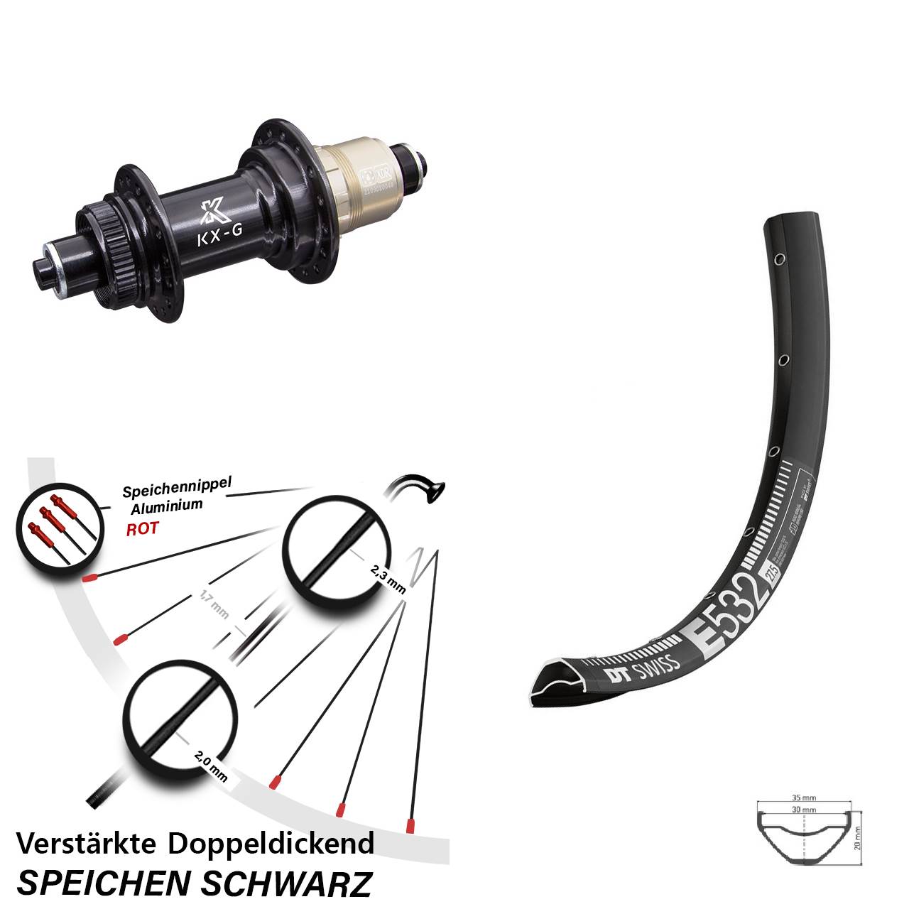 DT Swiss E532 KX-G 27,5 Zoll Disc Laufrad für Schnellspanner XDR