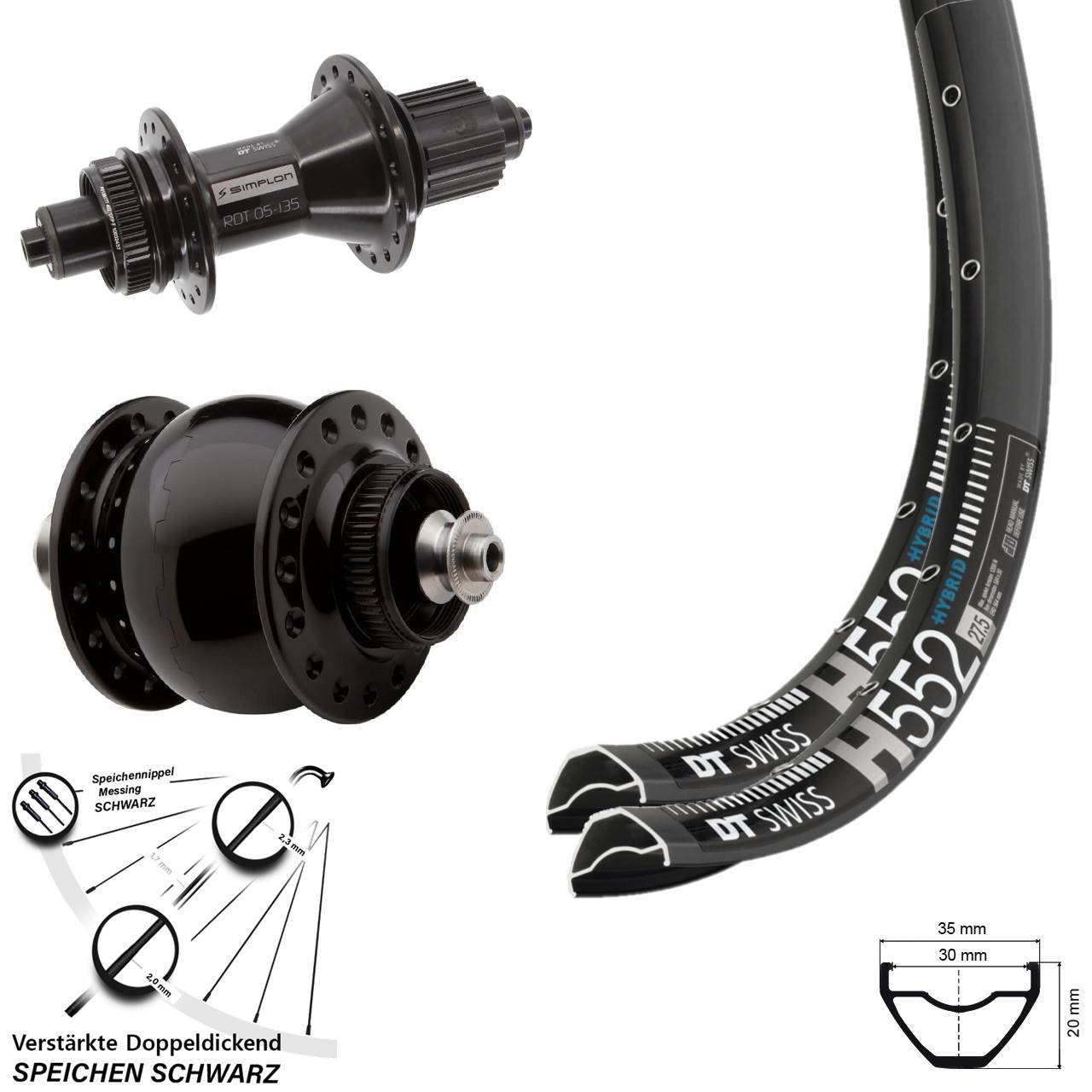 29 Zoll DT Swiss H552-370 Hybrid SON 28 Disc Laufradsatz QR Shimano Micro Spline