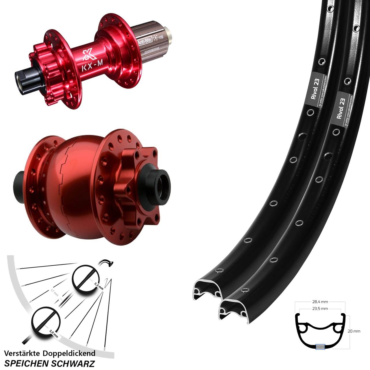 27,5 Zoll Ryde Rival 23 KX-M rot SON 28 6-Loch Laufradsatz 15x100 12x142 8-12 fach