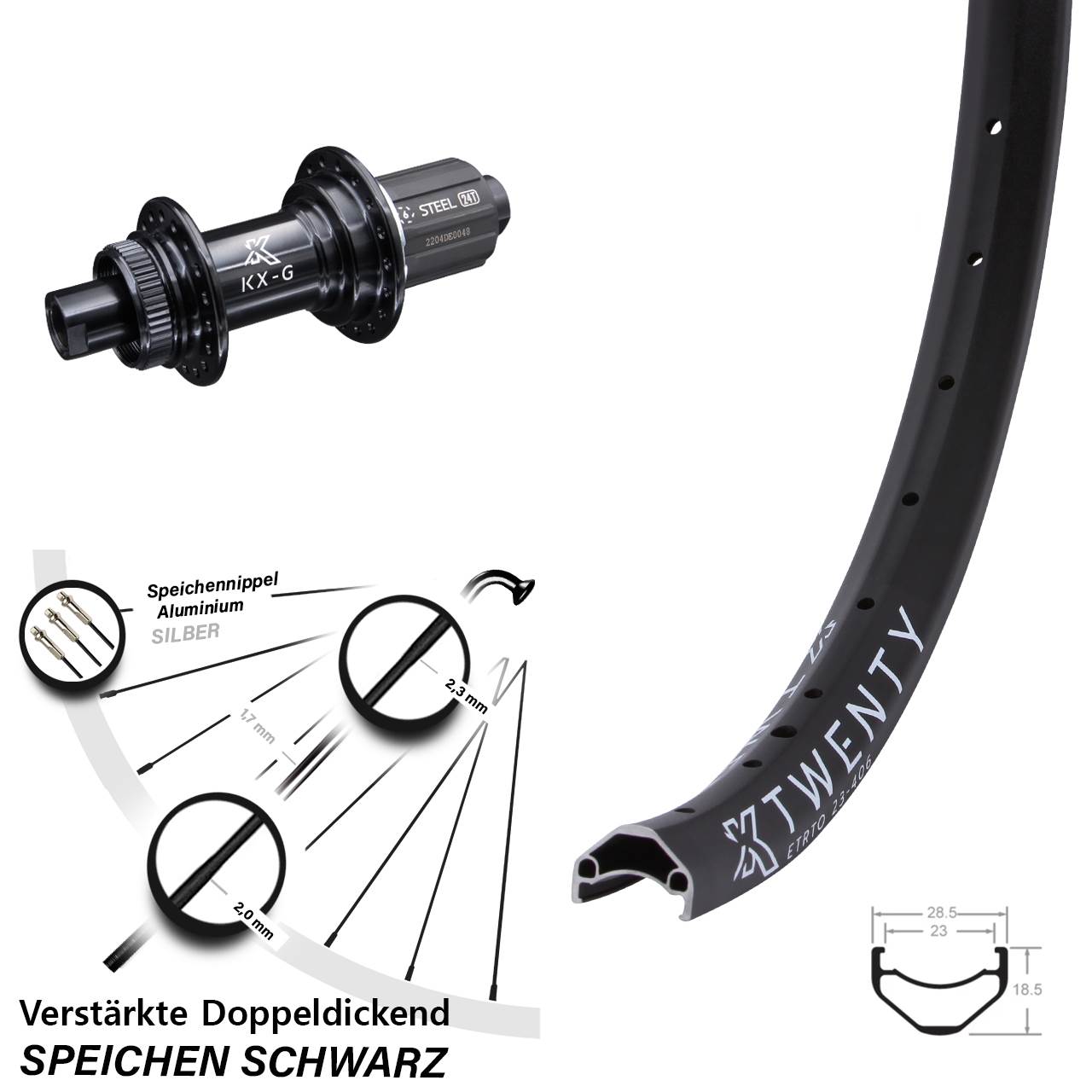 20 Zoll Hinterrad KX Twenty Steckachse 12x142 mm GS schwarz Centerlock verstärkt 8-12 fach
