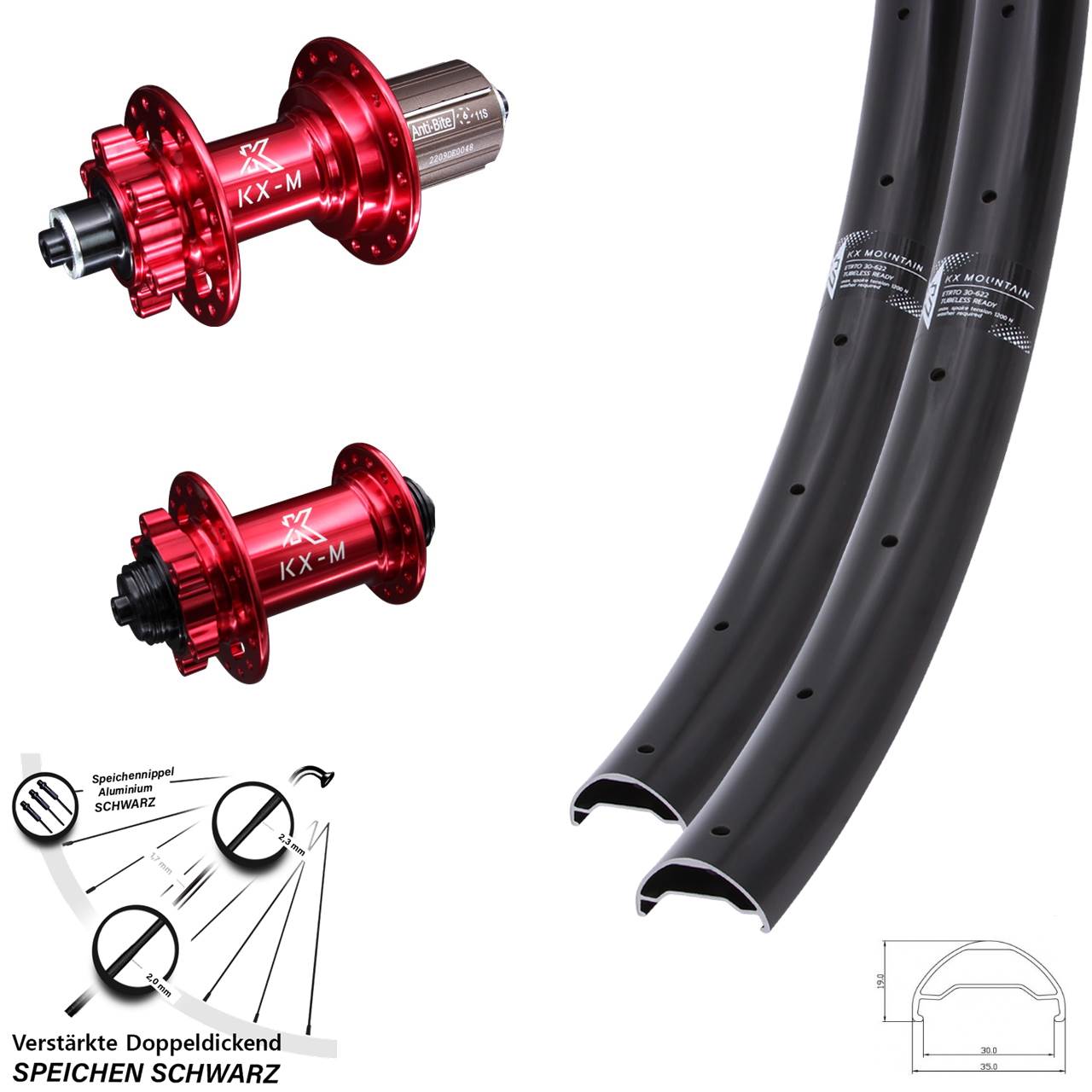 Laufradsatz 6-Loch 29 Zoll KX-M Mountain TR rot 8-12 fach HG für Schnellspanner