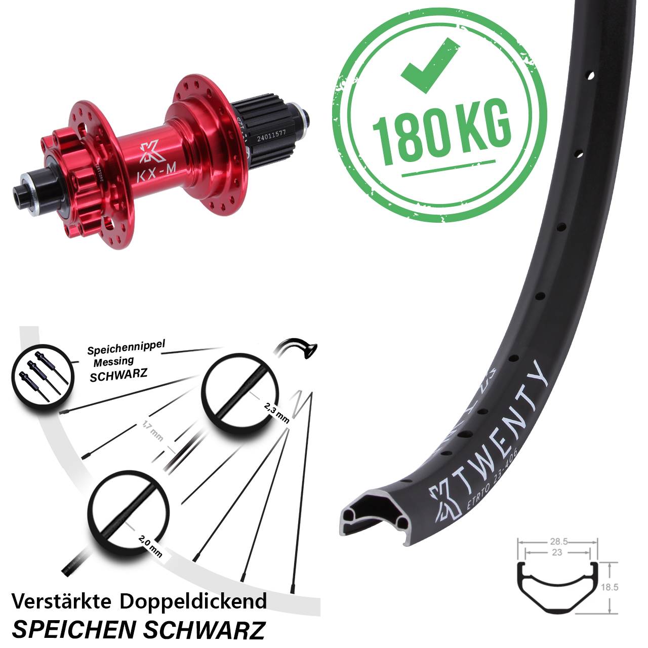 Disc Hinterrad 20 Zoll rote Nabe KX-M Twenty Shimano Micro Spline QR