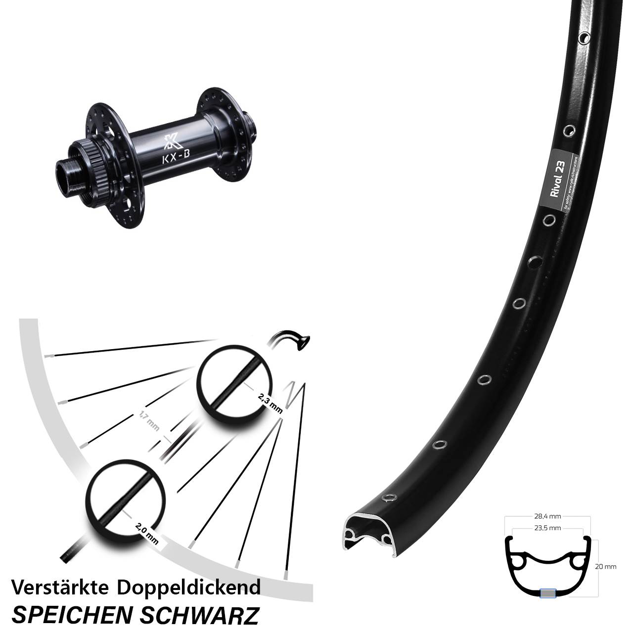 Boost Centerlock Vorderrad 15x110 27,5 Zoll Ryde Rival 23 KX-B