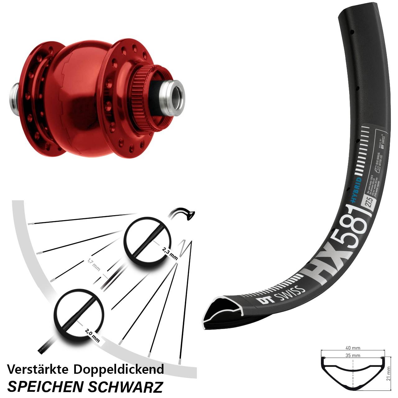 SON 28 rot DT Swiss HX581 27,5 Zoll Disc Vorderrad mit Nabendynamo 12x100