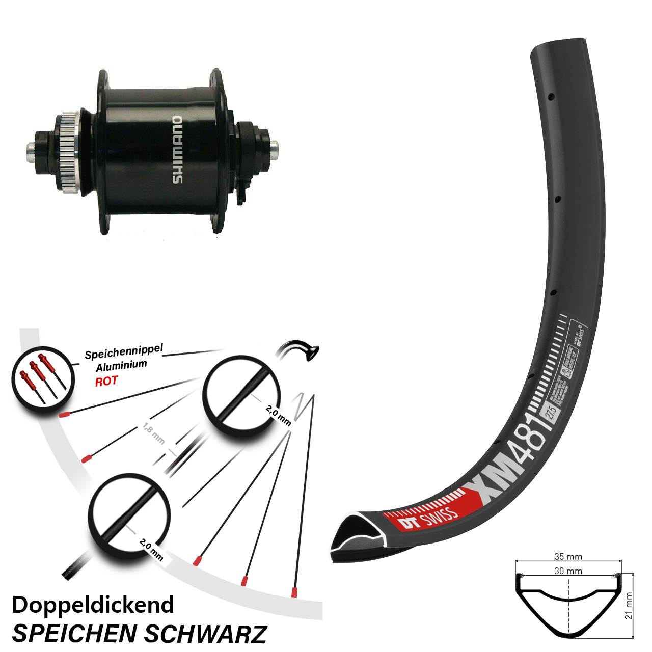 Disc Nabendynamovorderrad 27,5 Zoll DT Swiss XM481 Shimano DH-UR700-3D für Schnellspanner