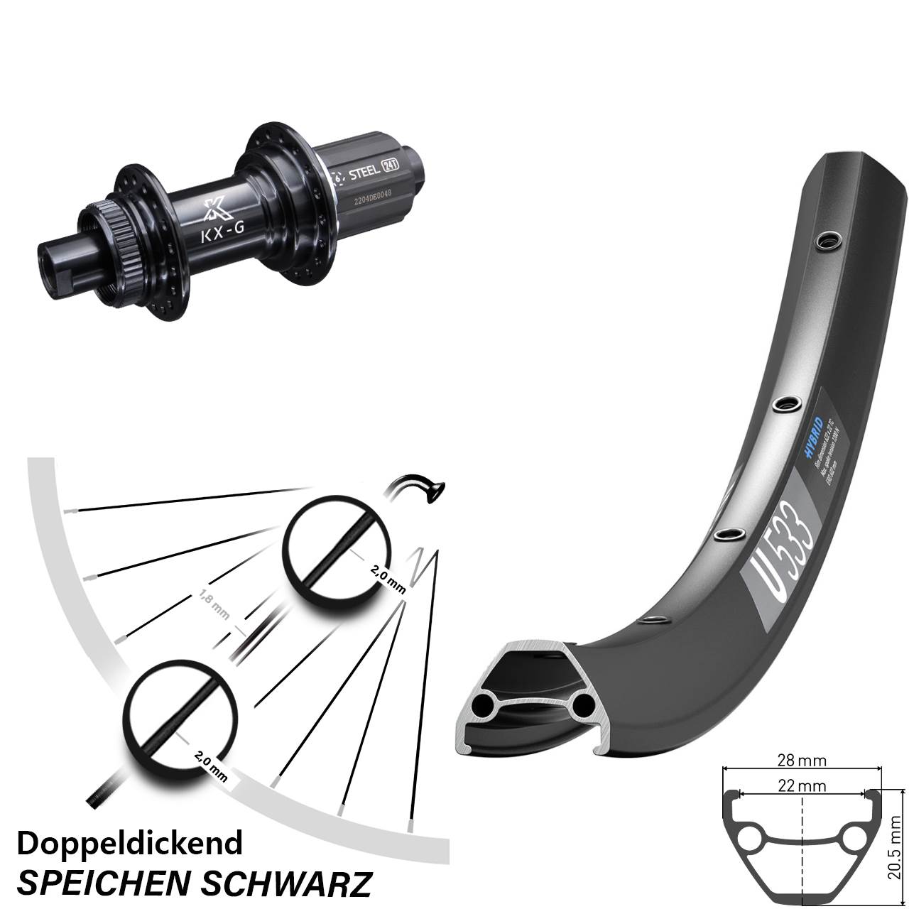 26 Zoll DT Swiss U533 Hinterrad KX-GS 8-12 fach 12x142
