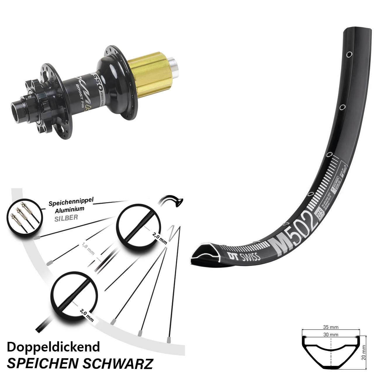 6-Loch Hinterrad 27,5 Zoll DT Swiss M 502 Miche XMH 550 8-11 fach 12x148 Boost