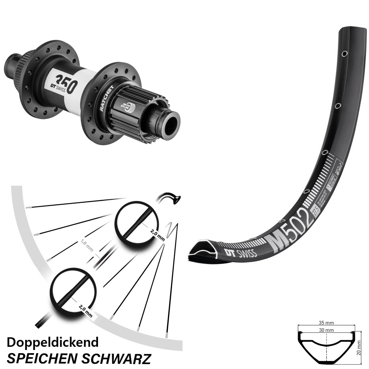 27,5 Zoll DT Swiss M502-350 Disc Laufrad 12x142 Shimano Micro Spline
