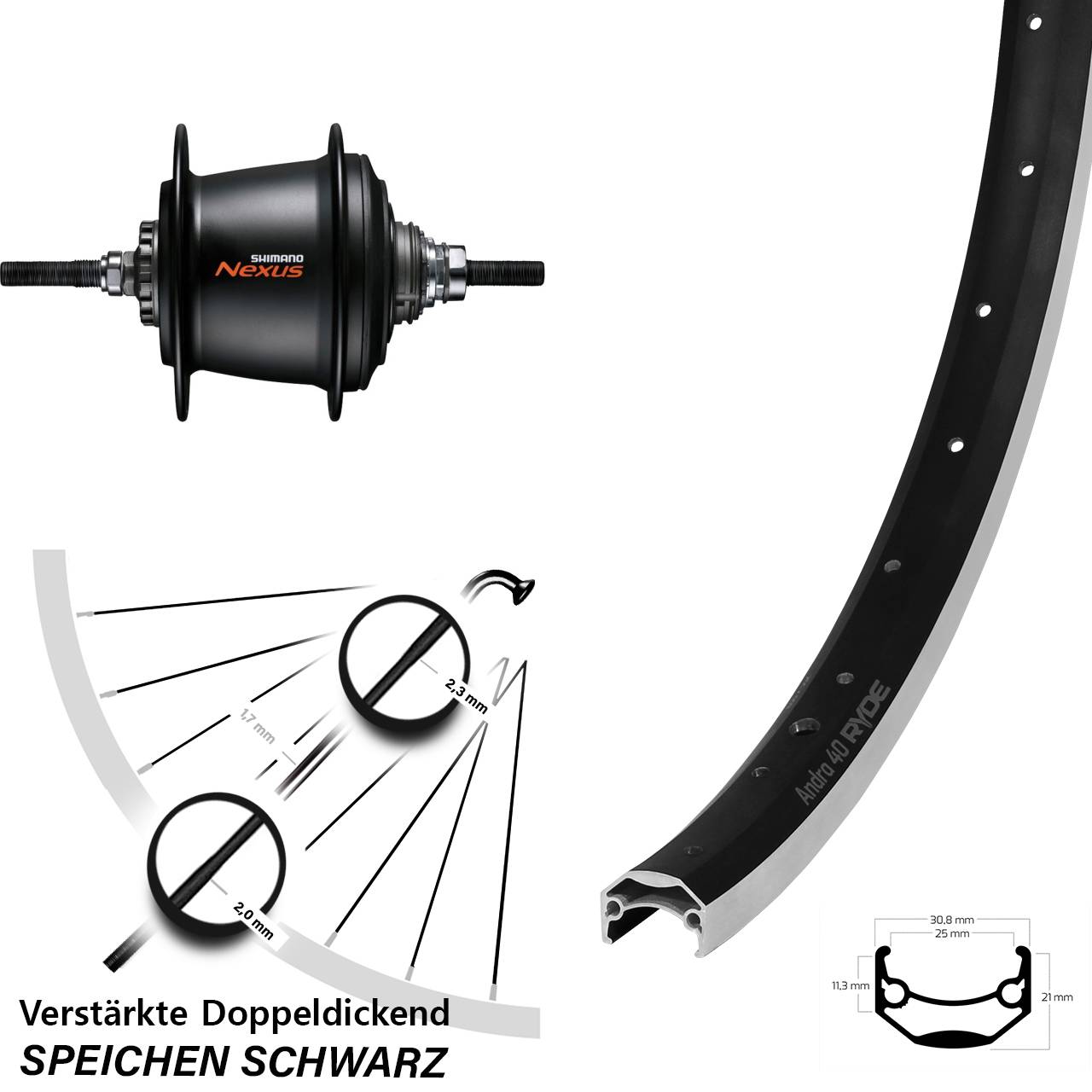 20 Zoll Hinterrad Ryde Andra 40 Shimano SG-C3001 7-Gang schwarz