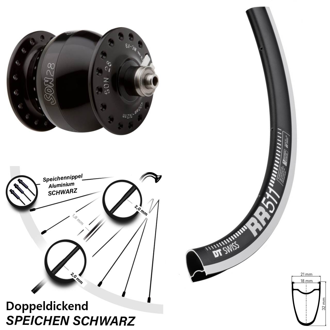 Nabendynamo-Vorderrad 28 Zoll DT Swiss RR511 SON 28 QR