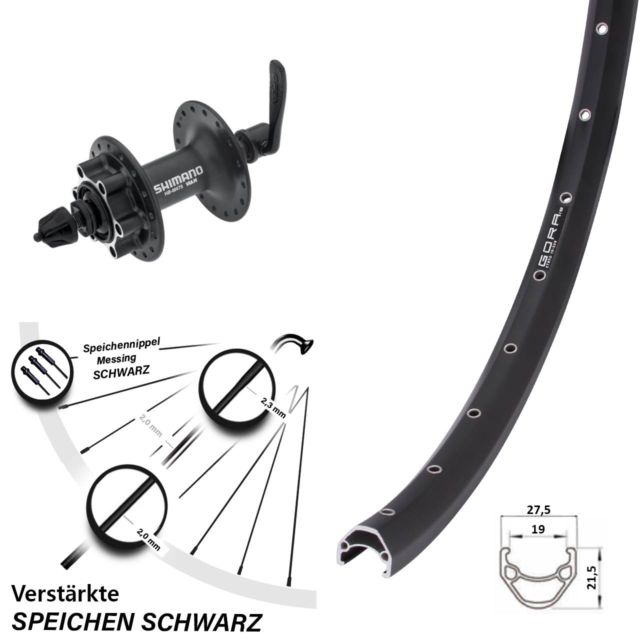 Disc Laufrad 26 Zoll Gora 19 Shimano HB-M475 für Schnellspanner
