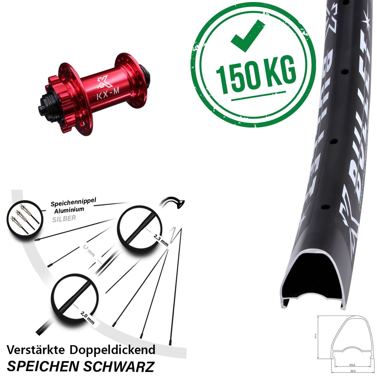 6-Loch Vorderrad 28-29 Zoll KX-M Bullet OS rot für Schnellspanner