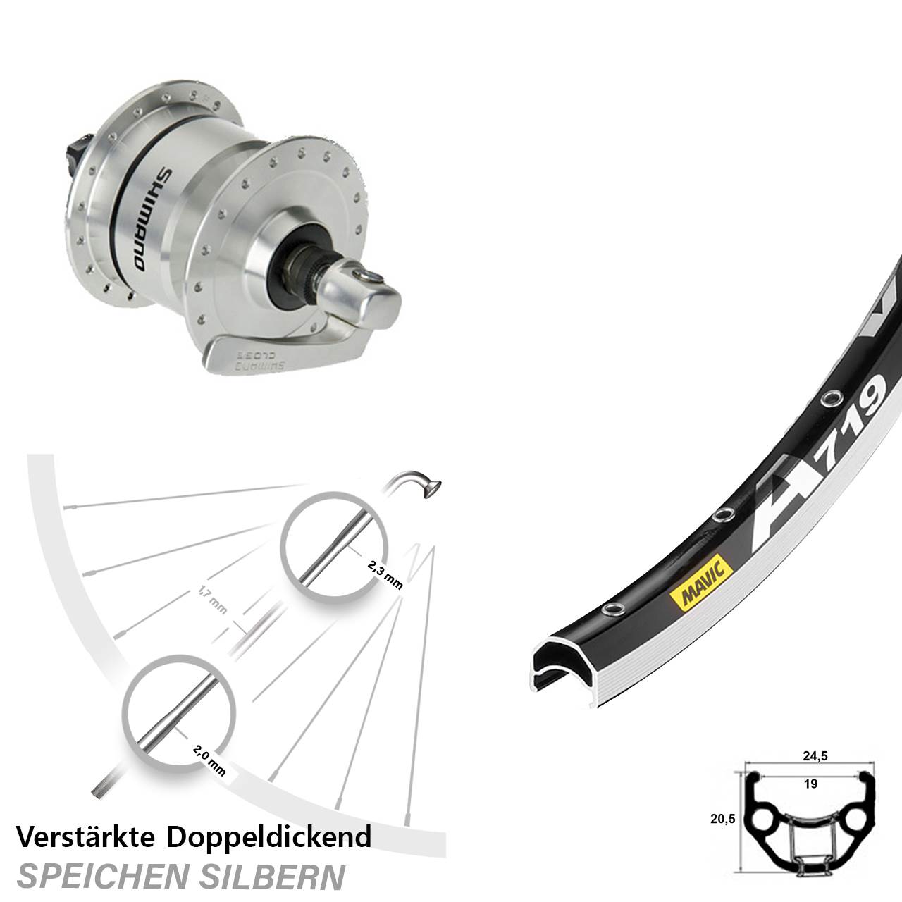 Vorderrad mit Nabendynamo für Schnellspanner 28 Zoll Mavic A 719 Shimano DH3N72