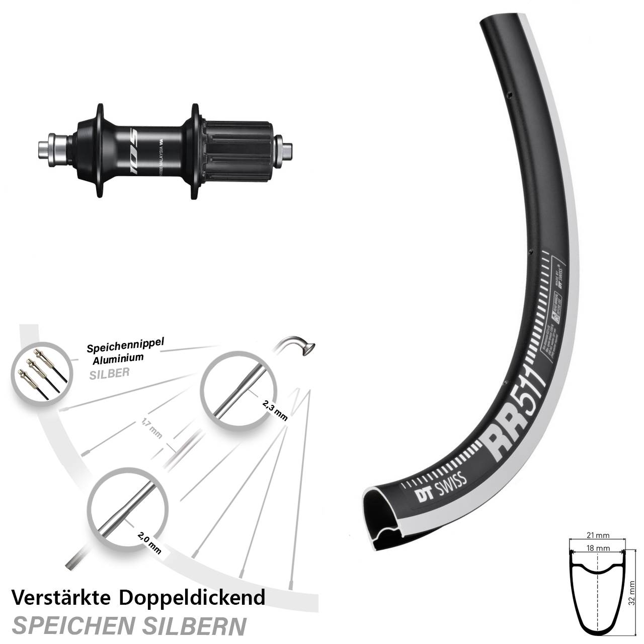 28 Zoll DT Swiss RR 511 Shimano 105 Laufrad hinten für Schnellspanner 8-12 fach