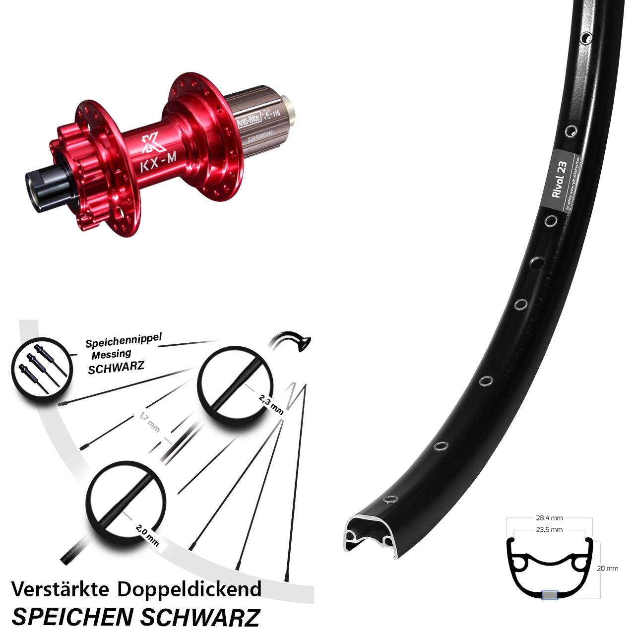 27,5 Zoll Ryde Rival 23 KX-M rot Disc Laufrad 12x142 8-12 fach HG