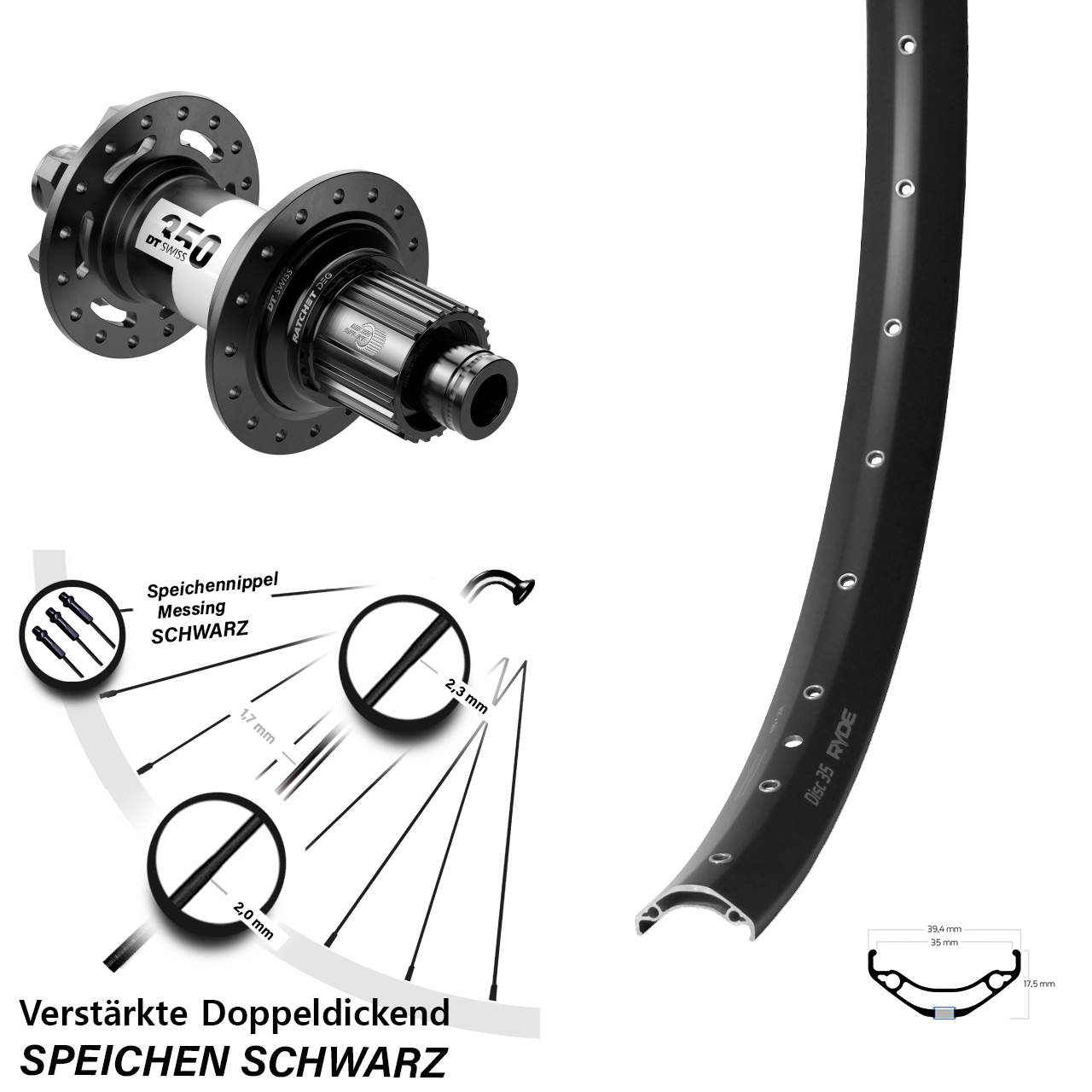 Hinterrad 6-Loch 12x148 29 Zoll Ryde Disc 35 DT Swiss 350 DEG72 Shimano Micro Spline