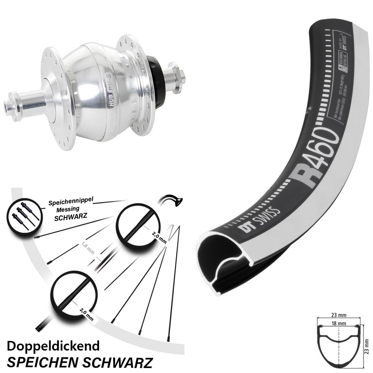 Nabendynamolaufrad 28 Zoll DT Swiss R460 Shutter Precision PV-8 für Schnellspanner