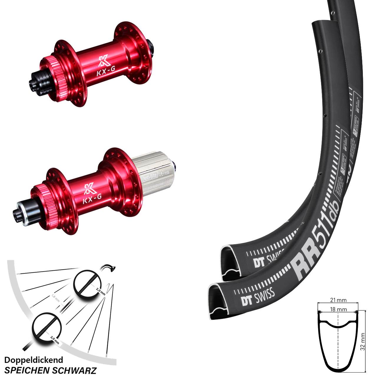 Laufradsatz DT Swiss RR 511 Road Disc KX-G Nabe rot eloxiert 11-fach Centerlock 100/135 mm