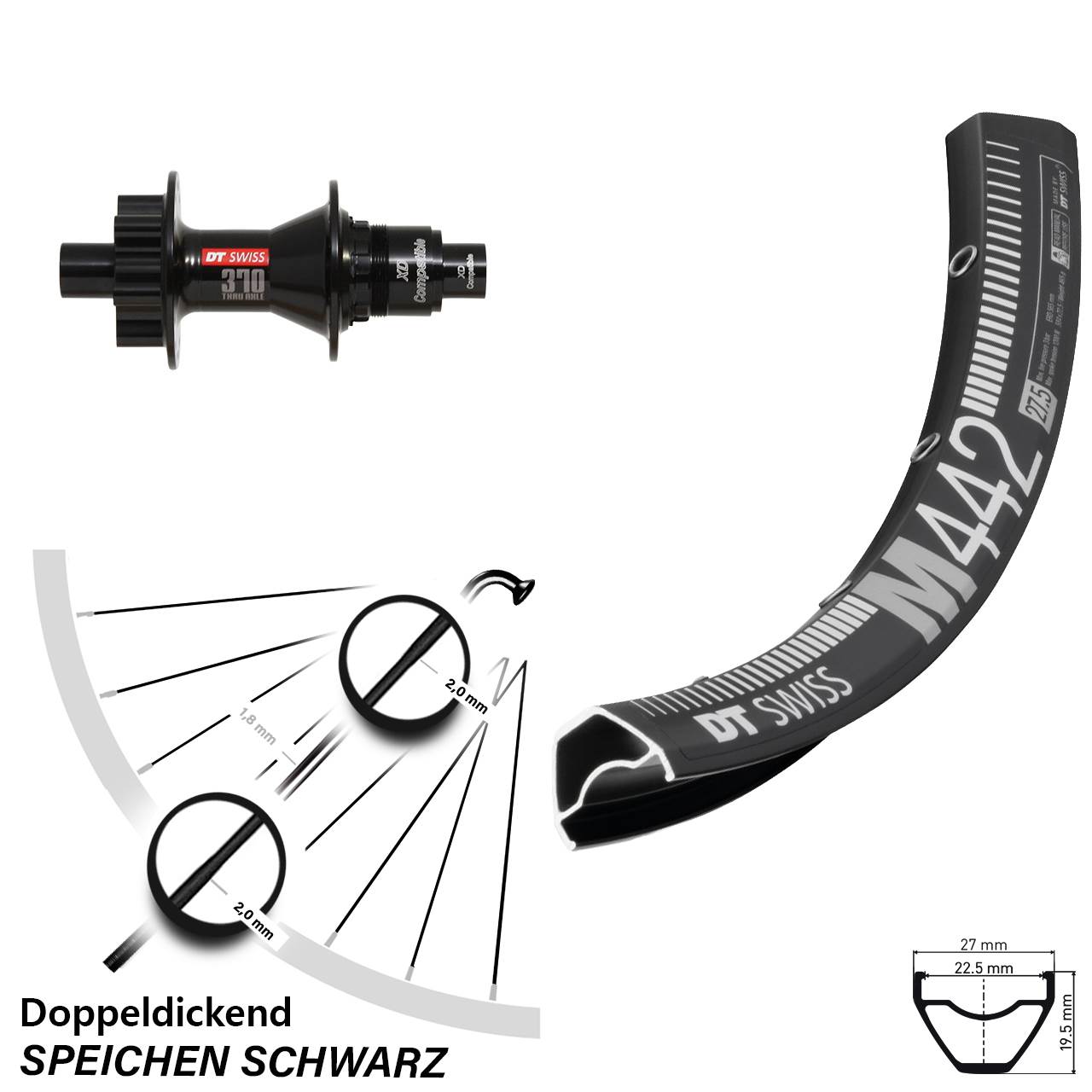 29 Zoll Hinterrad Sram XD 370 DT Swiss M 442 Disc 6-Loch 12x142 mm
