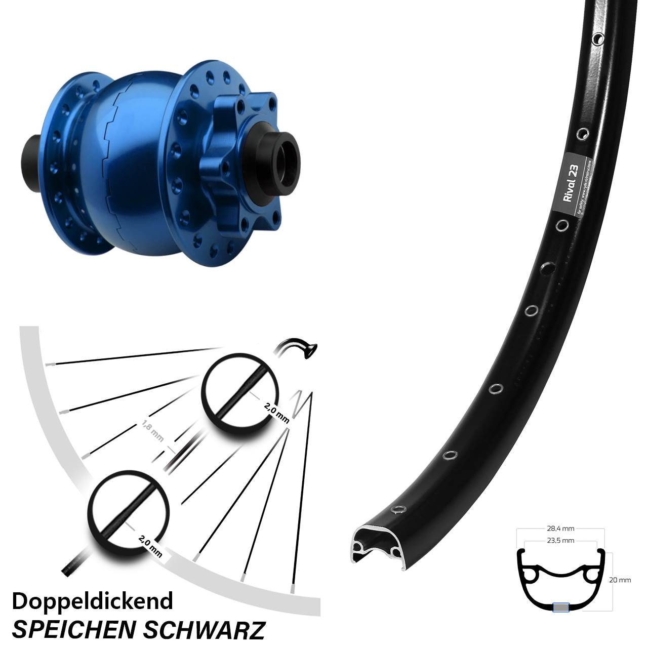 6-Loch Vorderrad mit Nabendynamo 15x100 650B Ryde Rival 23 SON 28 blau