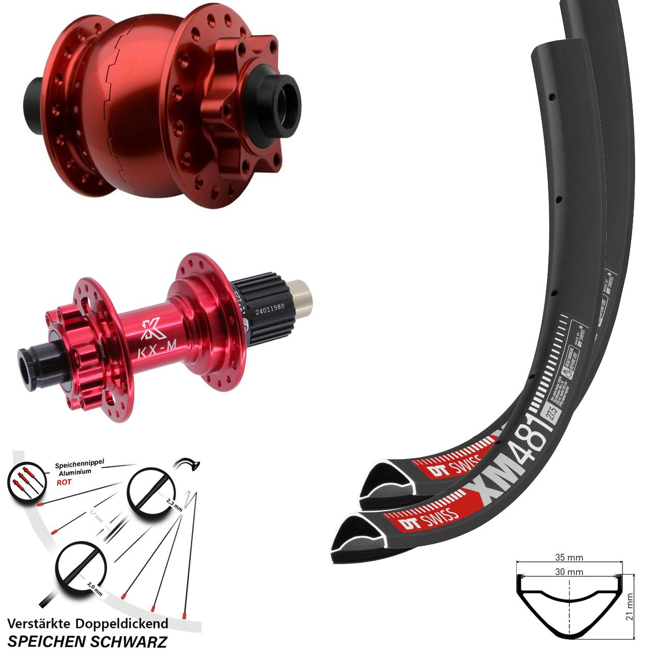 6-Loch Laufradsatz 15x100 12x142 27,5 Zoll DT Swiss XM 481 KX-M rot SON 28 Micro Spline