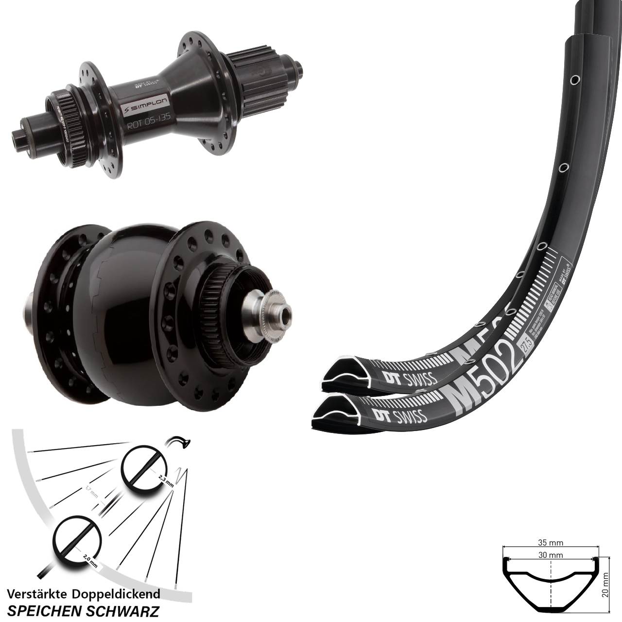 DT Swiss M502 370 Hybrid SONdelux 27,5 Zoll Disc Laufrad-Satz QR Micro Spline