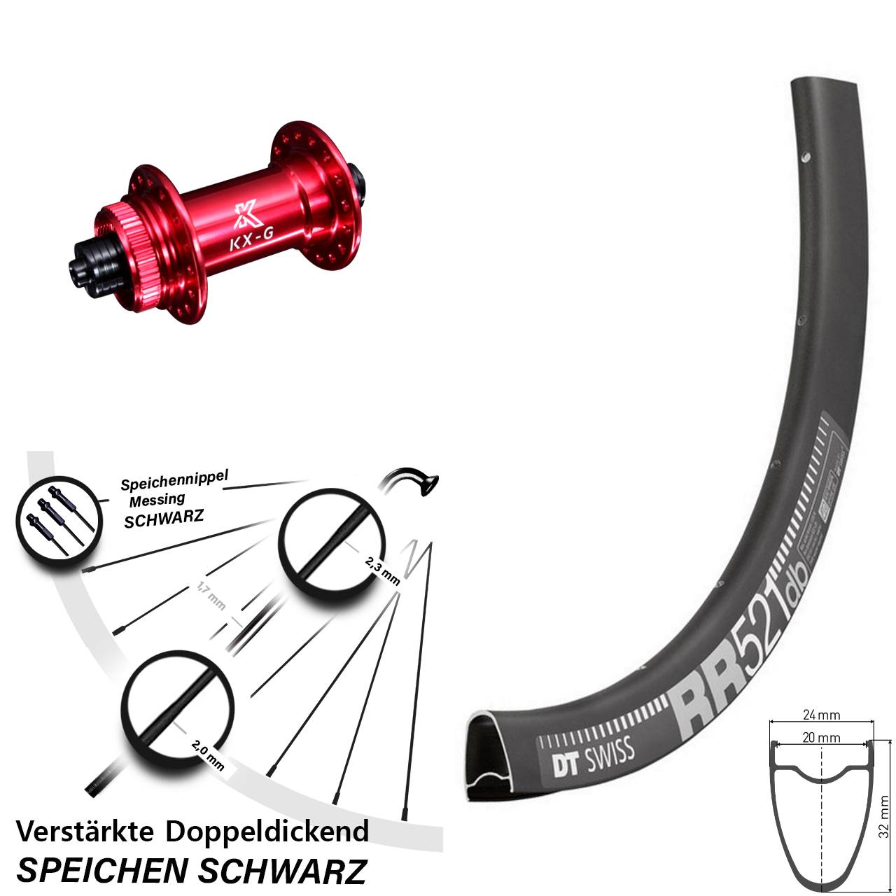 Vorderrad 28 Zoll DT Swiss RR 521 DB schwarz KX-G Vorderradnabe 5x100