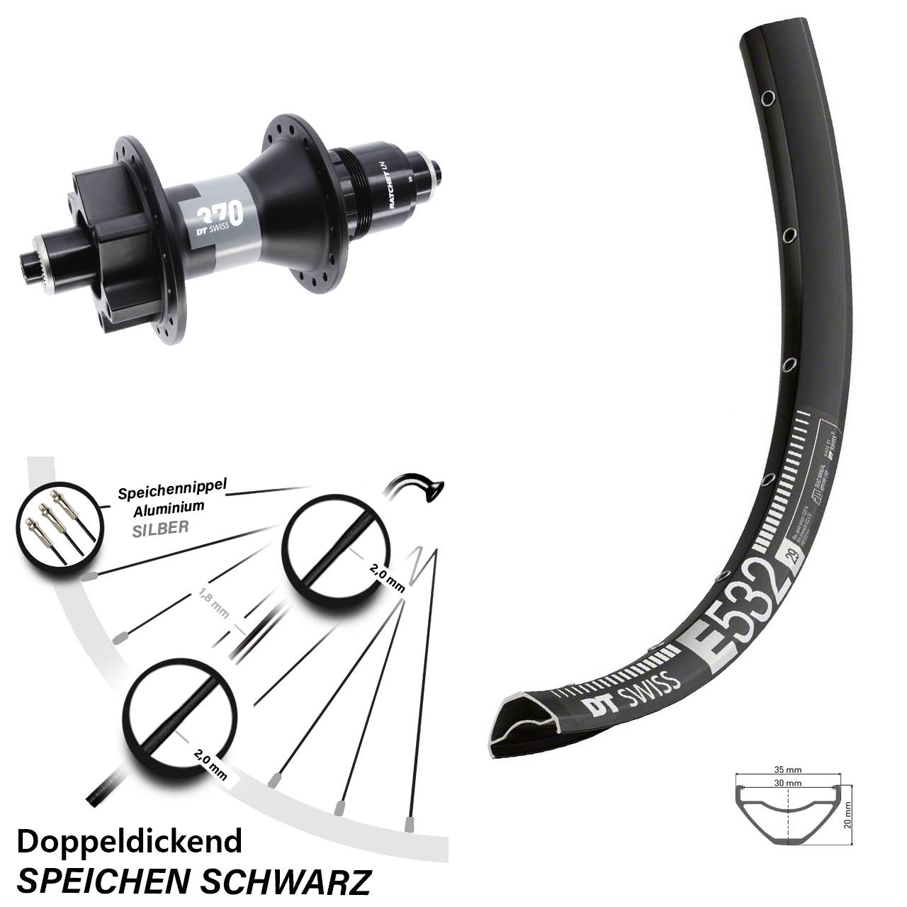 29 Zoll DT Swiss E 532 370 Boost Disc Hinterrad für Schnellspanner XD