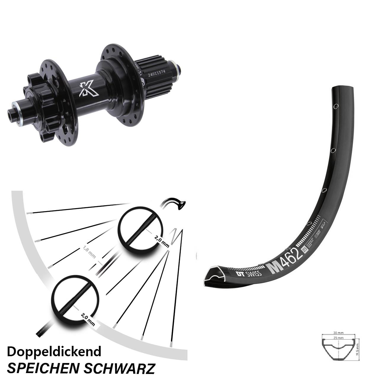 27,5 Zoll DT Swiss M 462 KX-M 6-Loch Hinterrad für Schnellspanner Shimano Micro Spline