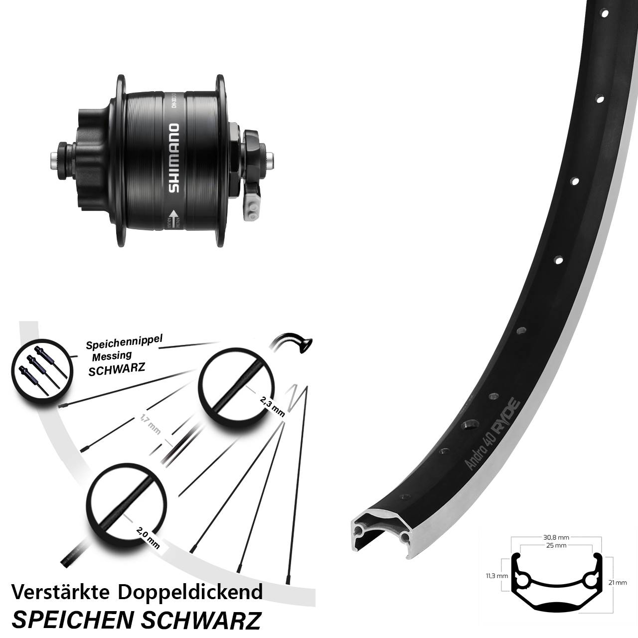 Vorderrad mit Nabendynamo 20 Zoll Andra 40 mit Bremsflanke Shimano DH-3D32 QR 6-Loch