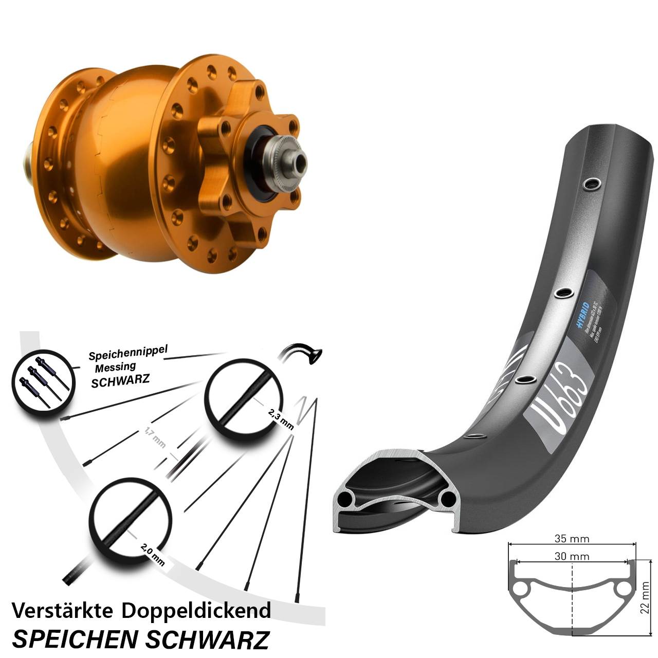 6-Loch Vorderrad mit Nabendynamo für Schnellspanner 20 Zoll DT Swiss U663 SON 28 orange