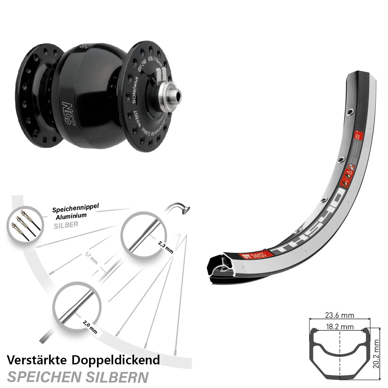 Vorderrad 28 Zoll DT Swiss TK 540 schwarz SON delux Wide Body Felgenbremse schwarz