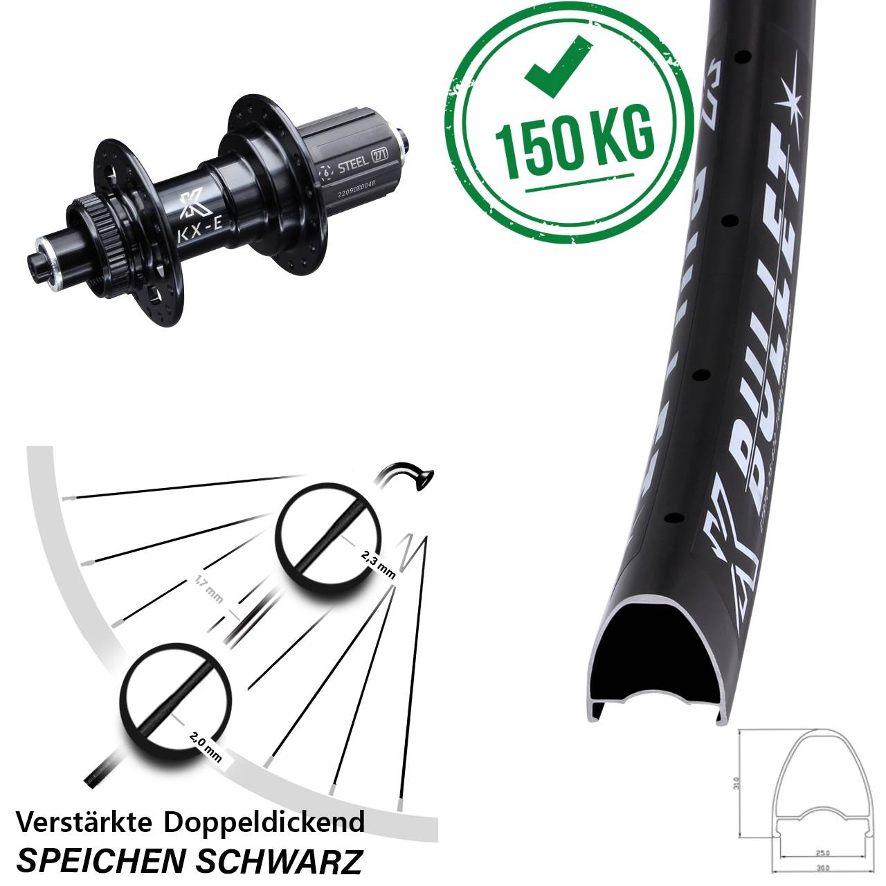 Centerlock Hinterrad für Schnellspanner 28 Zoll KX-E Bullet 6 Kugellager 8-12 fach