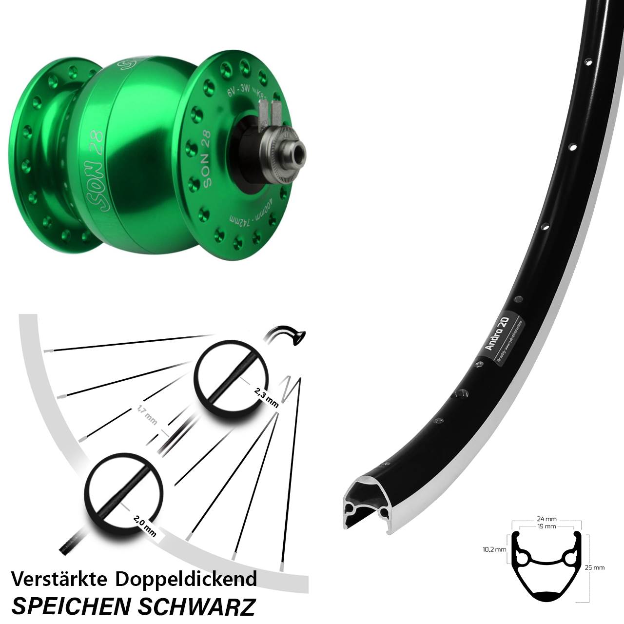 Ryde Andra 20 grüner SON 28 Zoll Vorderrad mit Nabendynamo für Schnellspanner