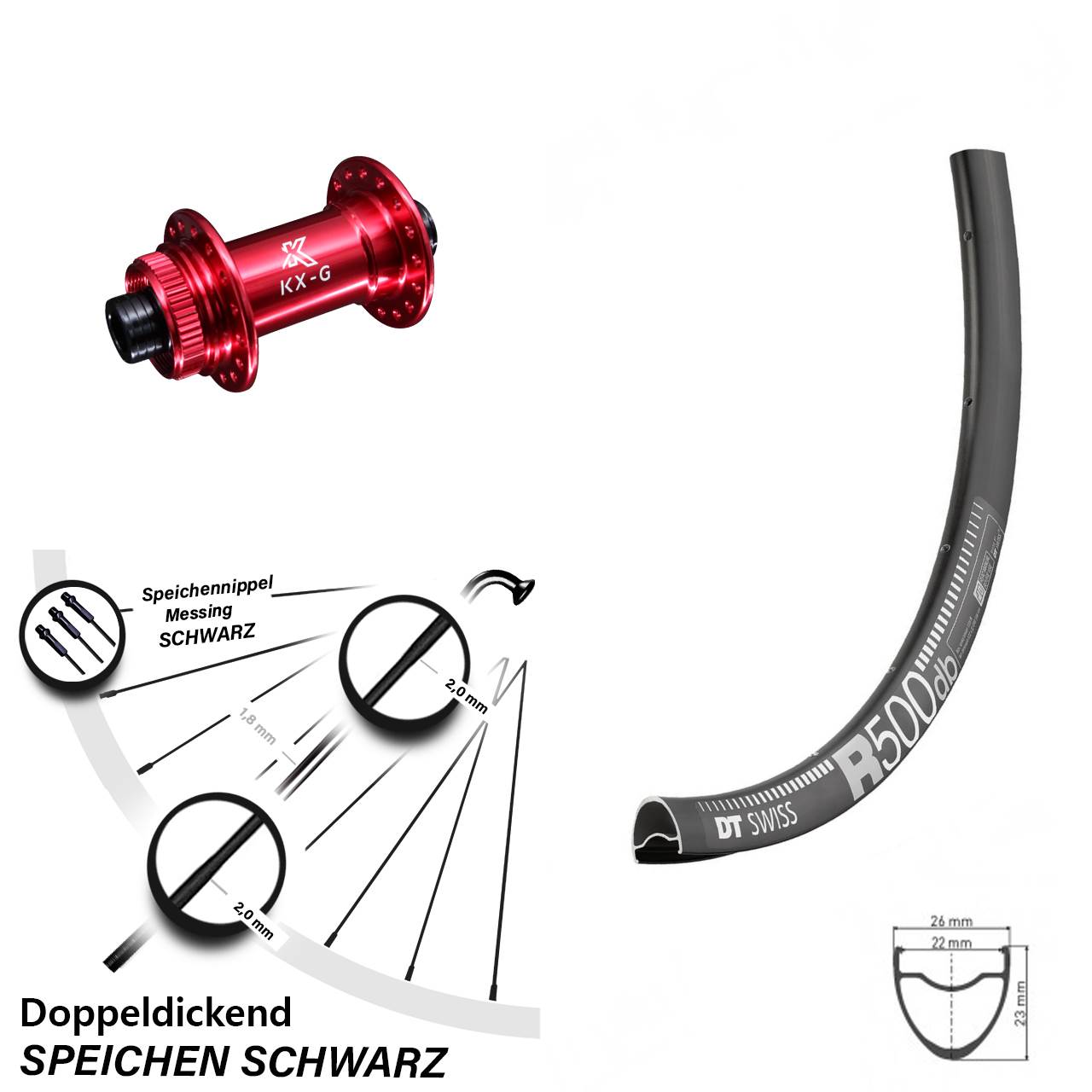 28-29 Zoll Vorderrad Steckaches 12x100 mm DT Swiss R 500 mit KX-G Nabe rot-eloxiert