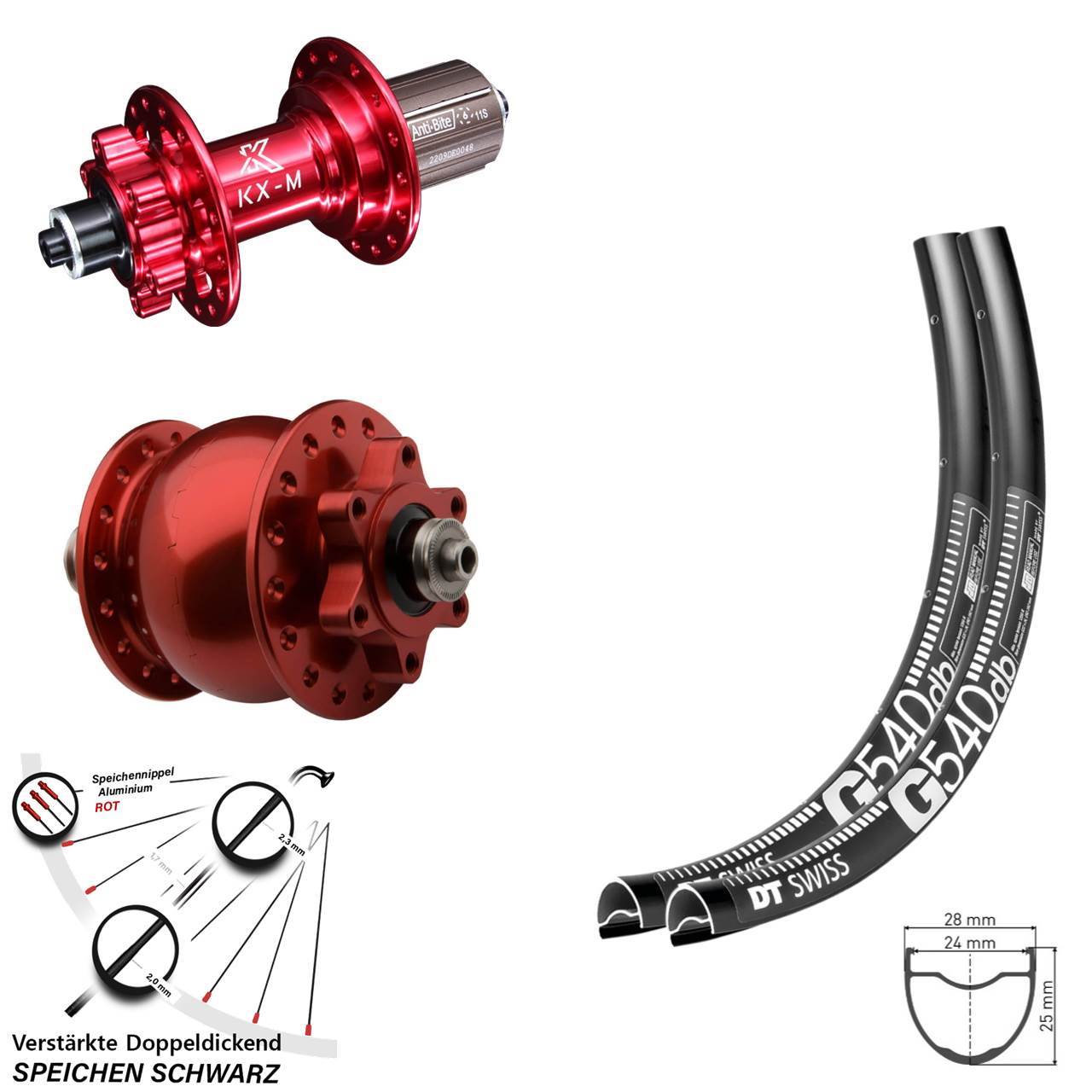 DT Swiss G540 KX-M rot Disc 6-Loch SON 28 Zoll Laufradsatz für Schnellspanner 8-12 fach