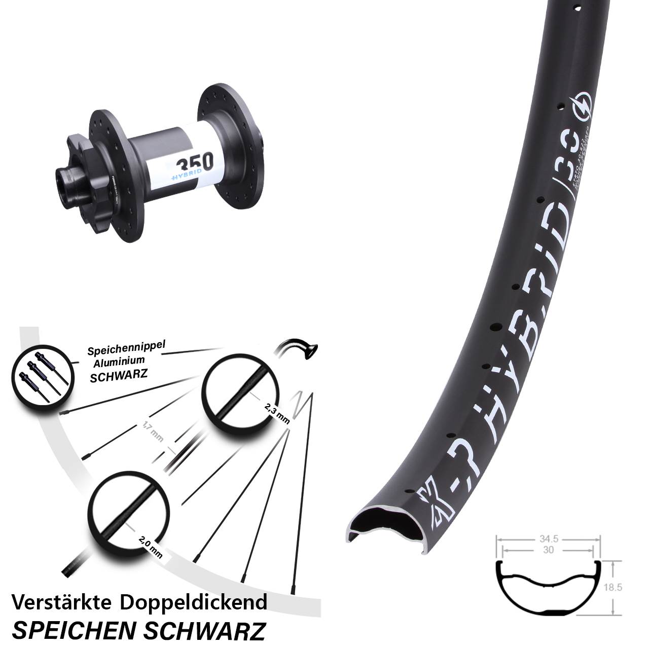 DT Swiss 350 E-Bike Boost 15x110 mm KX-R Hybrid 30 Vorderrad 29 Zoll 30-622 ETRTO 6-loch