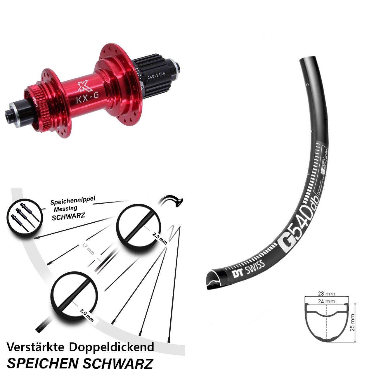 28-29 Zoll DT Swiss G540 KX-G rot Centerlock Hinterrad für Schnellspanner Micro Spline
